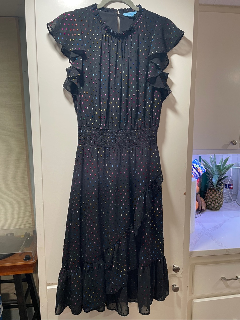 Draper James Black Midi Dress with Multicolor Dot Print